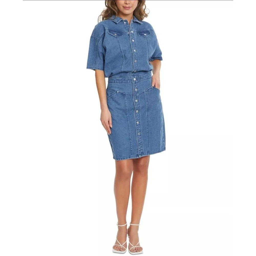 Gloria Vanderbilt Denim Dress Dolman Blue Buttons Pocket Short Sleeve Size 8